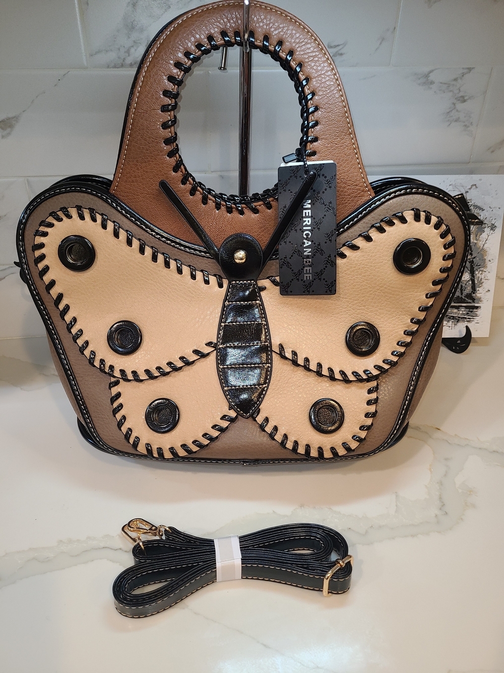NWT Beige & Brown Butterfly Tote Bag - Picture 2 of 14